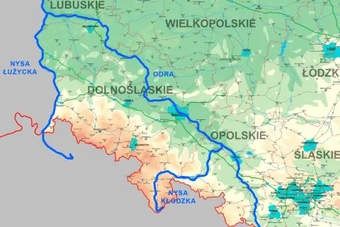 Mapa Polski z zaznaczoną granicą polsko-niemiecką wzdłuż Nysy Łużyckiej i Nysy Kłodzkiej, z widocznymi regionami Dolnego Śląska i Opolszczyzny.