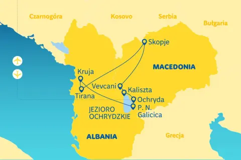 Mapa turystyczna Macedonii Południowej z zaznaczonymi miastami: Skopje, Ochryda, Tirana, Kruja. Trasy łączą te miejsca.