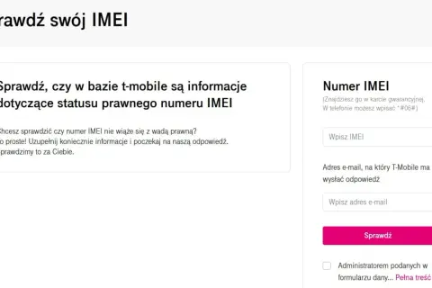 Strona T-Mobile pozwala sprawdzić status prawny numeru IMEI. Wpisz swój numer IMEI i adres e-mail, aby otrzymać odpowiedź.