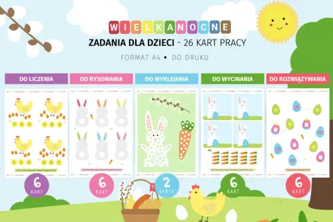 Wielkanocne karty pracy dla dzieci: liczenie, rysowanie, wyklejanie, wycinanie i rozwiązywanie zadań. Króliczki, kurki i pisanki.