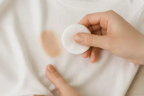 Mano aplicando disco de algodón sobre mancha de maquillaje en camiseta blanca. Aprende como quitar manchas de maquillaje de la ropa.