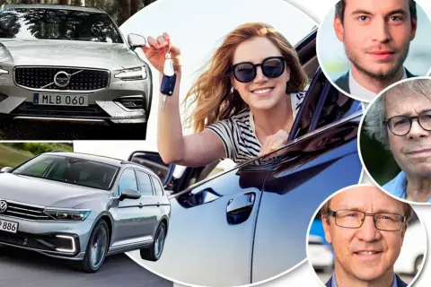 Glad kvinna med bilnycklar, Volvo och VW Passat. Experter diskuterar troligen bensinsnålaste bilen.