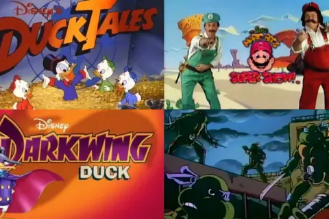 En collage med kända barnfilmer från 90-talet: DuckTales, Super Mario Bros. Super Show!, Darkwing Duck och Teenage Mutant Ninja Turtles.
