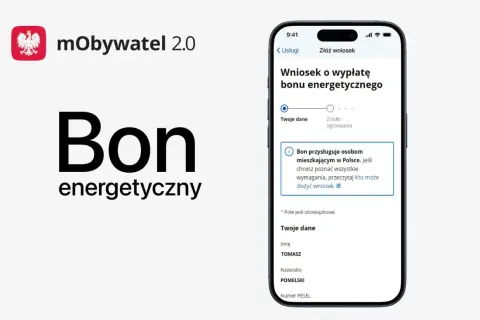 Aplikacja mObywatel 2.0 umożliwia złożenie wniosku o bon energetyczny 2026. Widoczny jest formularz z danymi wnioskodawcy.