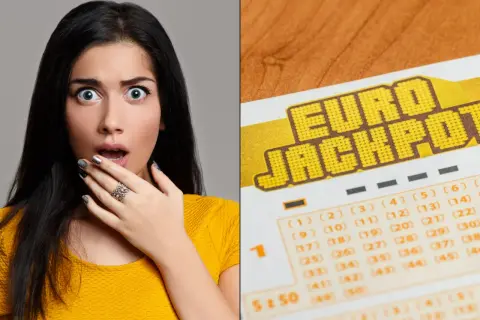 Zaskoczona kobieta obok kuponu Eurojackpot.