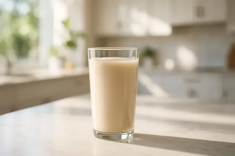 Un bicchiere di bevanda cremosa, ideale per integrare proteine isolate o concentrate, su un tavolo in cucina.