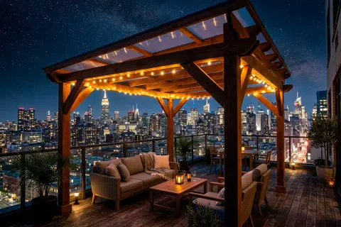 Terraza con pérgola fotovoltaica, muebles de exterior y vistas nocturnas de la ciudad.