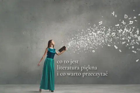 Dziewczyna w sukni wypuszcza z książki litery, tworząc wir słów. To inspiracja do odkrywania literatury pięknej.