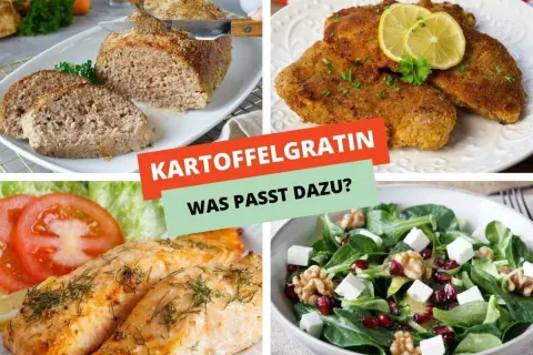 Vier Bilder zeigen verschiedene Gerichte: Hackbraten, paniertes Schnitzel, Lachsfilet und Salat. Perfekt für Kartoffeln Rezepte!