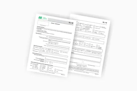 Formularz ZUS OL-10 z polami do wypełnienia, dotyczący wywiadu zawodowego.