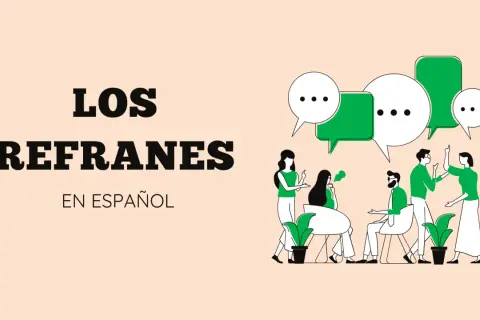 Ilustración de personas conversando bajo globos de diálogo, con el texto "Los refranes en español".