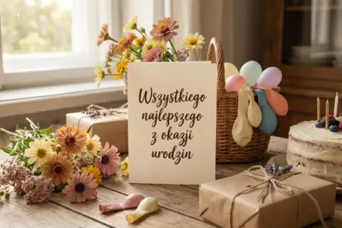 Wszystkiego najlepszego z okazji urodzin dla cioci! Bukiet kwiatów, tort i prezenty czekają.
