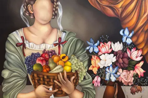 A faceless figure holds a basket of fruit, a vibrant bouquet beside them. This artwork showcases the talent of up and coming artists.