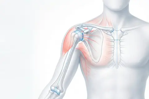 Schulteransicht mit Knochen und Muskeln, der musculus deltoideus ist rot hervorgehoben.