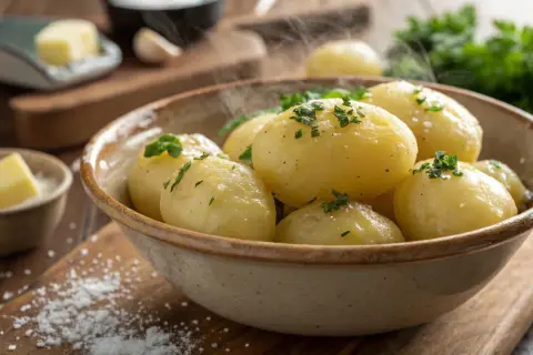 Dampfende Salzkartoffeln, frisch gekocht und mit Petersilie bestreut, warten in einer Schüssel auf Butter und Salz.