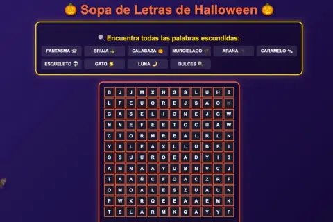 Sopa de letras infantil de Halloween con palabras como fantasma, bruja y dulces. ¡A buscar!
