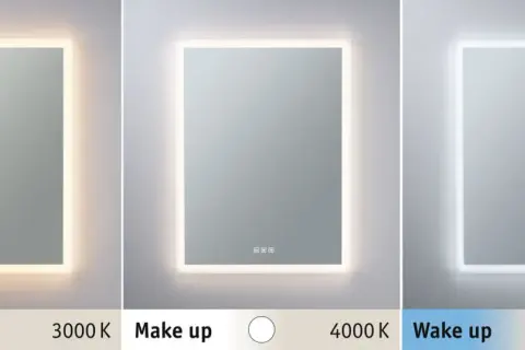 Trzy lustra z podświetleniem LED pokazują różne barwy światła: ciepłą (3000K), neutralną (4000K) i zimną (6500K). 4000K jaka to barwa? Neutralna, idealna do makijażu.