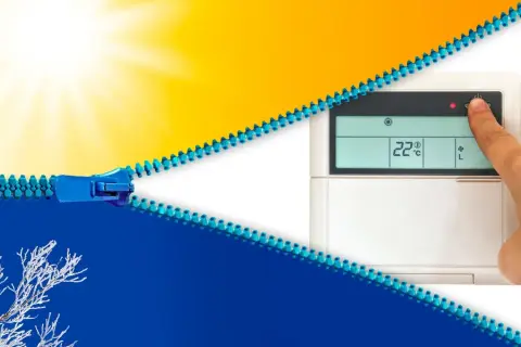 Un doigt appuie sur un thermostat affichant 22°C, symbolisant le contrôle du climat. Une fermeture éclair bleue sépare un soleil éclatant d'un paysage hivernal givré.