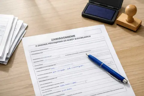 Formularz zawiadomienia o robotach budowlanych, długopis i pieczątka. Brak zgłoszenia rozpoczęcia budowy może skutkować karą.
