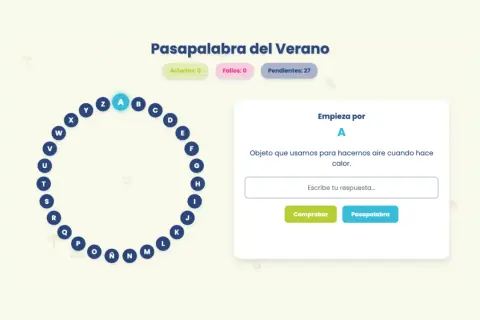 Juego "Pasapalabra del Verano". La letra A está seleccionada, la pista es "Objeto que usamos para hacernos aire cuando hace calor".