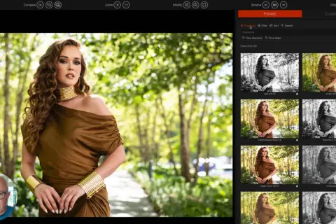 A woman in a brown dress and gold jewelry poses outdoors, with a grid of photo editing presets on the right.
