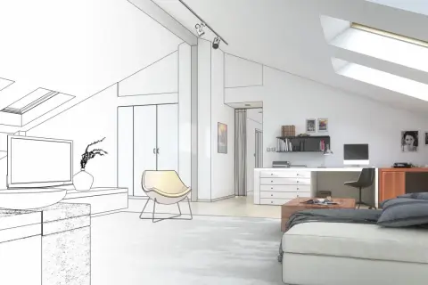 Idee per una camera da letto in mansarda: un ambiente moderno con scrivania, divano e lucernari.
