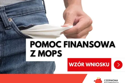 Pusta kieszeń dżinsów, symbolizująca brak środków, obok napisu "Pomoc finansowa z MOPS Stalowa Wola".