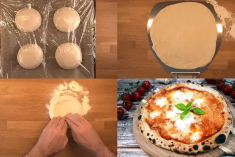 Fyra degbollar förbereds, en degplatta på en pizzaspade, händer formar deg och en färdig napolitansk pizza med tomater och basilika.
