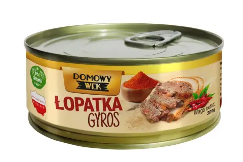 Puszka Łopatka Gyros. Zastanawiasz się, ile może stać gyros w lodowce? Ten produkt jest gotowy do spożycia.