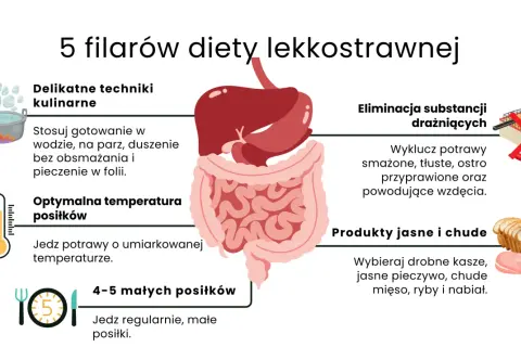 5 filarów diety lekkostrawnej: delikatne techniki kulinarne, optymalna temperatura, 4-5 małych posiłków, eliminacja substancji drażniących, produkty jasne i chude.