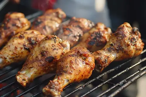 Grillade kycklingklubbor med kryddig jerk chicken-marinad som ryker på grillgallret.