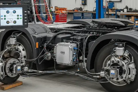 System EBS (Electronic Braking System) w ciężarówce. Monitor pokazuje schemat hamulców, a na ramie widoczny jest moduł sterujący.