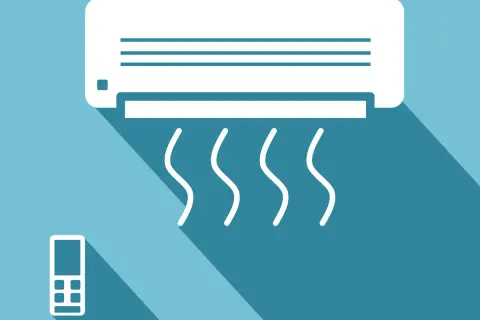 Unità interna di condizionatore con flusso d'aria e telecomando. Regola la potenza condizionatore per un comfort ottimale.
