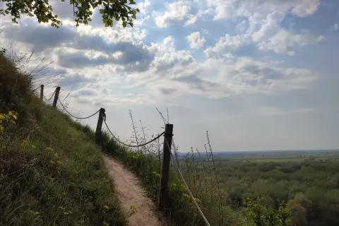 Ścieżka na zboczu, część trasy Góry Pieprzowe. Widok na dolinę i las.