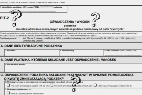Formularz PIT-2 do obliczania miesięcznych zaliczek na podatek dochodowy od osób fizycznych.