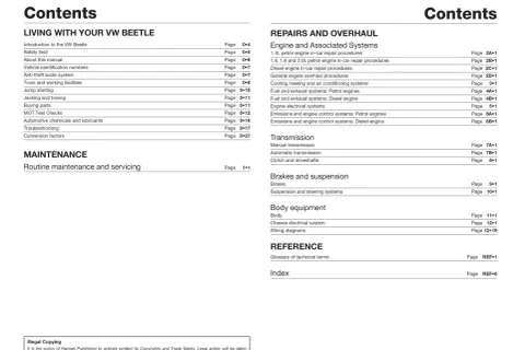 Spis treści podręcznika do Volkswagena Beetle. Zawiera rozdziały o obsłudze, naprawach, konserwacji, układach i wyposażeniu.