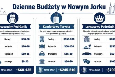 Ile kosztuje wycieczka do Nowego Jorku? Tabela pokazuje dzienne budżety: oszczędny (~$60-135), komfortowy (~$245-510) i luksusowy (~$700+).