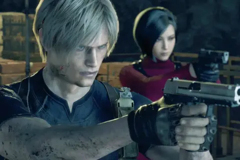 Leon und Ada sind bereit für den Kampf. Sie fragen sich, wie viele Kapitel Resident Evil 4 hat, während sie ihre Waffen ziehen.