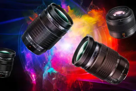 Four Olympus camera lenses, including the best 4/3 lenses, are showcased against a vibrant, abstract background.