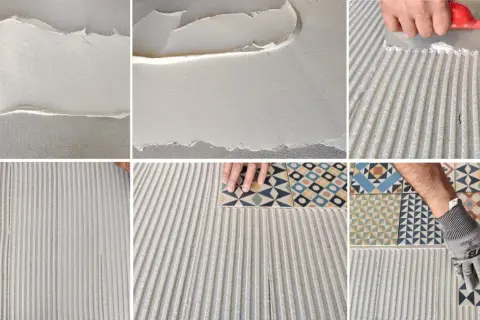Aplicación de adhesivo para baldosas con llana dentada, mostrando el proceso de doble encolado para una fijación segura.