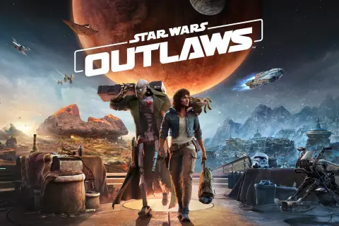 Postapokaliptyczny krajobraz z dwoma postaciami i statkami kosmicznymi w tle, logo Star Wars Outlaws.