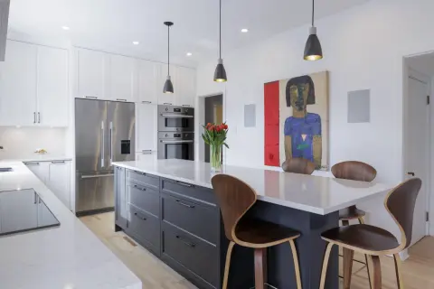 Exemple de cuisine moderne avec îlot central gris, chaises en bois courbé, tableau abstrait et tulipes rouges.