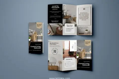 A trifold template for Haven & Home, showcasing furniture and home decor. Offers 15% off first orders and highlights community benefits.