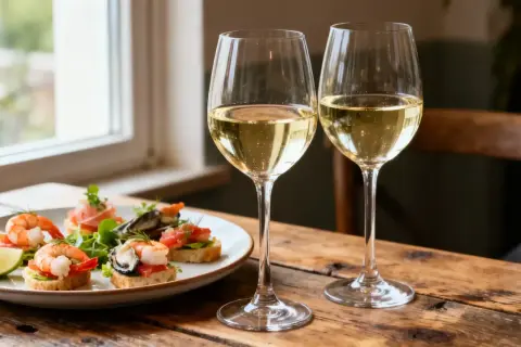 Deux verres de vin blanc pétillant, parfaits pour un apéro, accompagnent des toasts garnis de crevettes, saumon et moules.