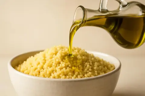 Olio d'oliva versato su couscous in una ciotola, mostrando la differenza tra cous cous e pasta.