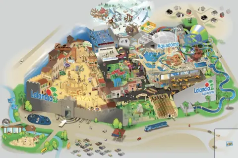 Mapa Lalandia Billund: park wodny Aquadome, Winter World, Sportarena, Monkey Tonky, Lalandia Plaza i wiele innych atrakcji.
