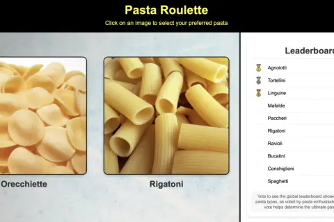 Två olika pasta typer, orecchiette och rigatoni, visas. En topplista över populära pasta typer finns till höger.