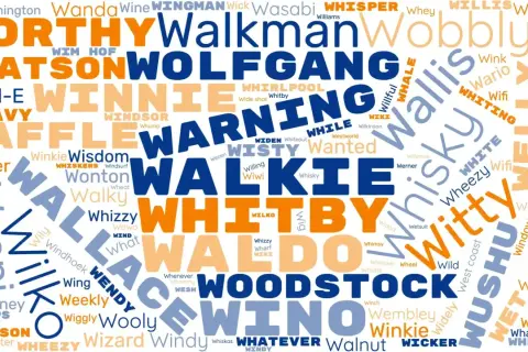 Un nuage de mots avec des prénoms en W comme Wanda, Wolfgang, Wendy, et des mots comme "Walkie", "Whisky", "Witty".