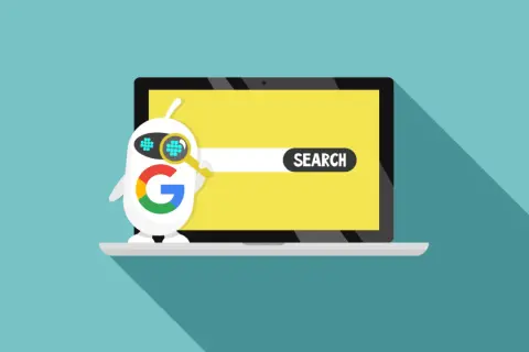 Robot z logo Google szuka czegoś na ekranie laptopa. To pokazuje, google co to jest - wyszukiwarka.