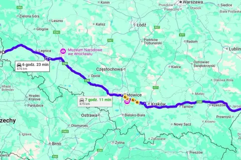 Trasa przez Polskę, od zachodu na wschód, pokazuje najdłuższą autostradę w Polsce. Widoczne miasta to Wrocław, Katowice, Kraków, Rzeszów.
